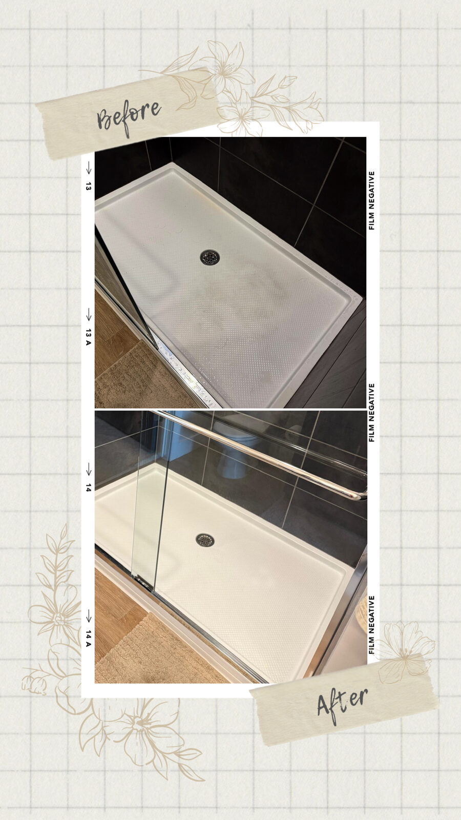 Before and after: shower pan cleaned and polished
