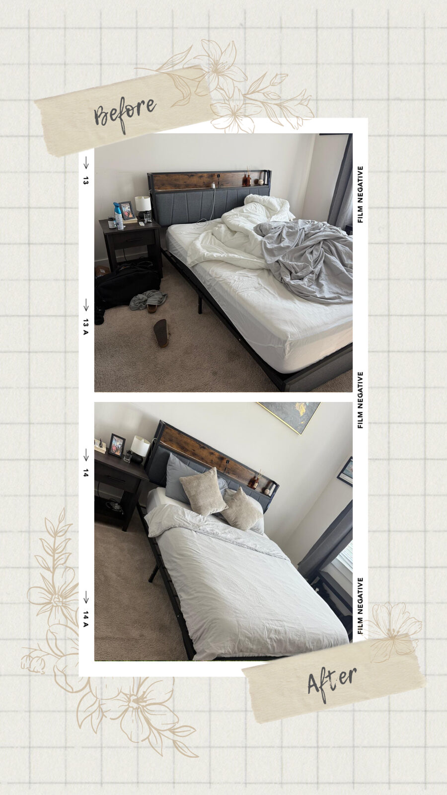 Before and after: bedroom refreshed with bed made