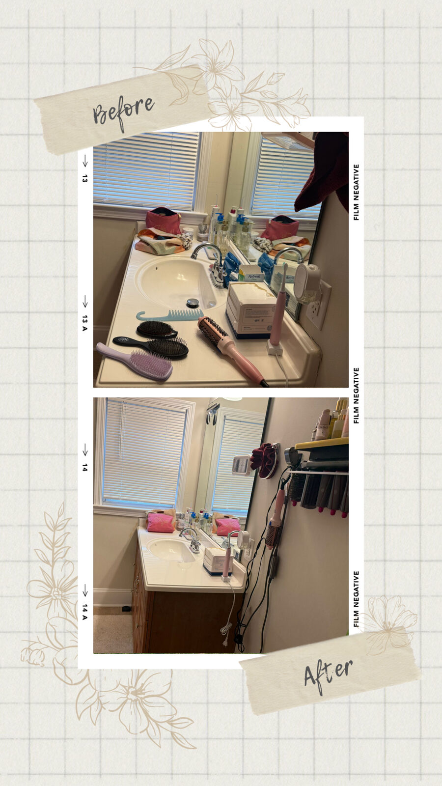 Before and after: bathroom sink area cleaned and organized